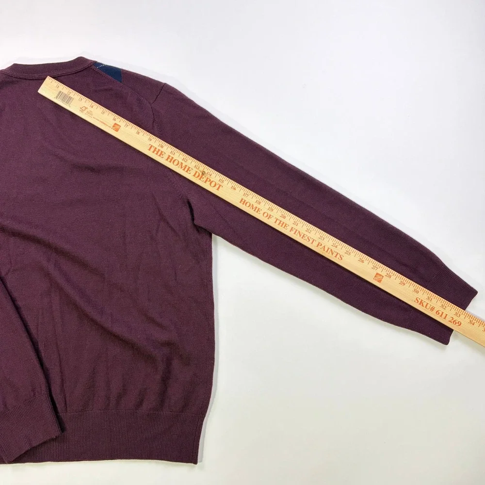 Banana Republic Argyle V-Neck Sweater Mens Large Burgundy Extra Fine Merino Wool